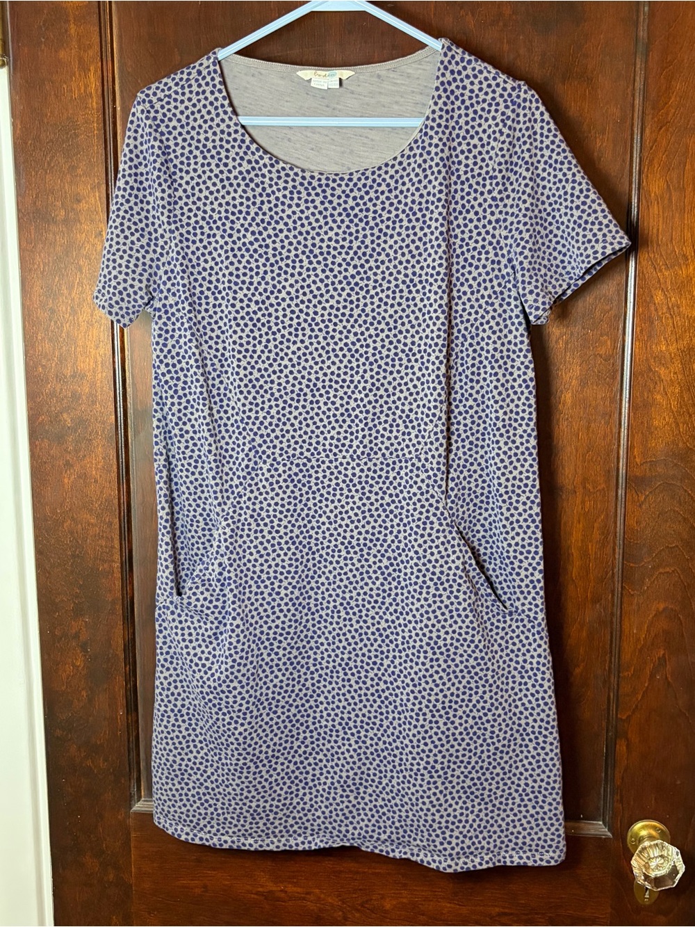 Boden Dress 10 US Gray Blue Print 100% Cotton Knit Tee Shirt Dress Pockets